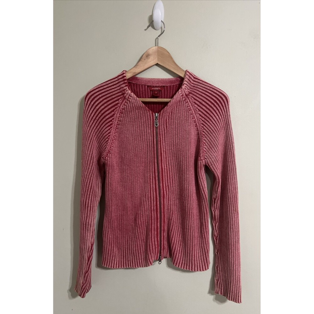 Sundance Women's Full Zip 100% Cotton Sweater Size Medium Pink Rib Knit V-Neck